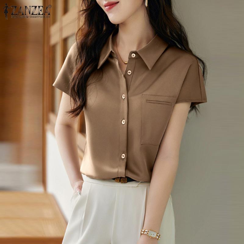 

ZANZEA Женская повседневная летняя блузка с отложным воротником и короткими рукавами