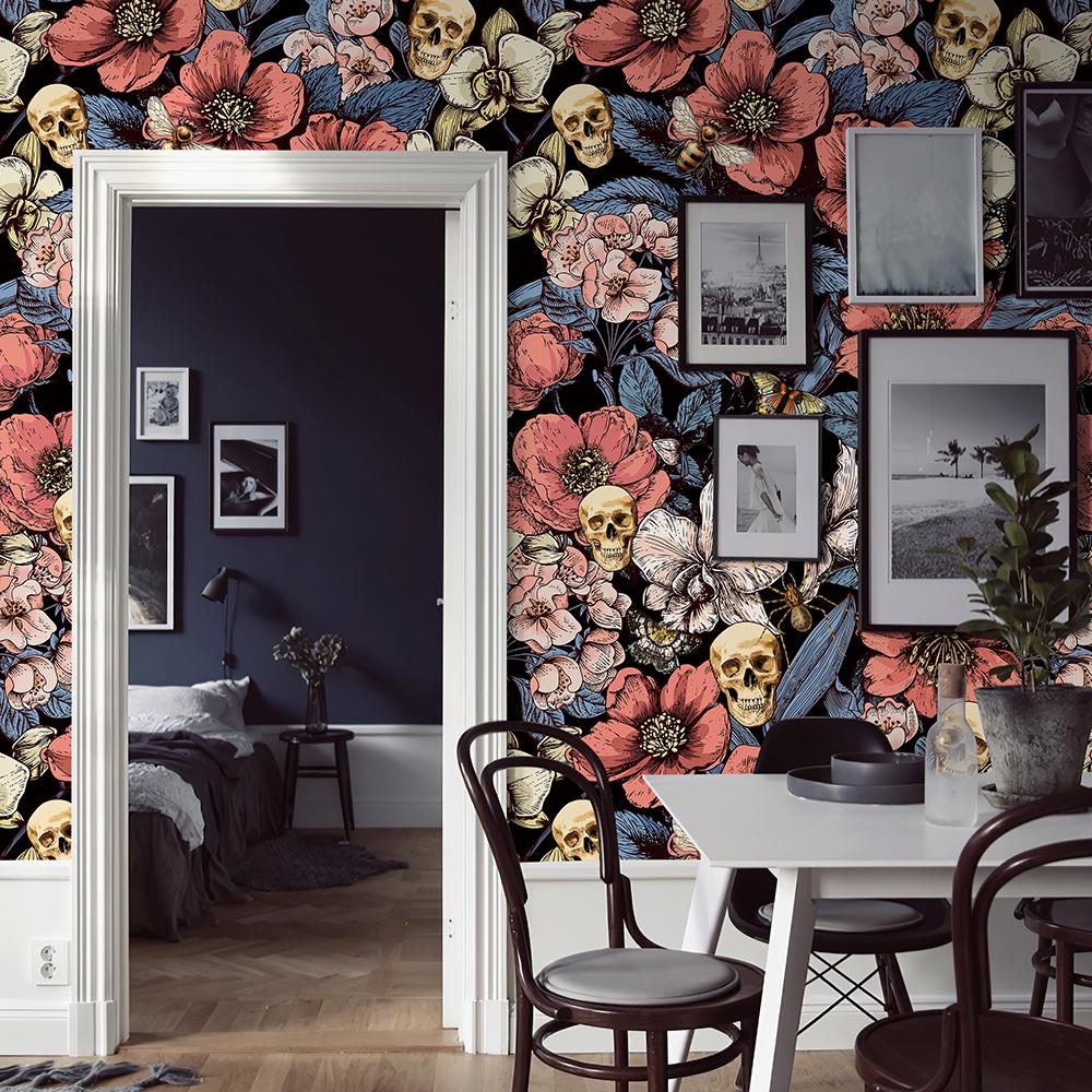 Pink Floral Skull Vinyl Wallpaper Peel And Stick Waterproof Flower Skull Cabinet Sticker Chic Halloween Festival Wall Decor