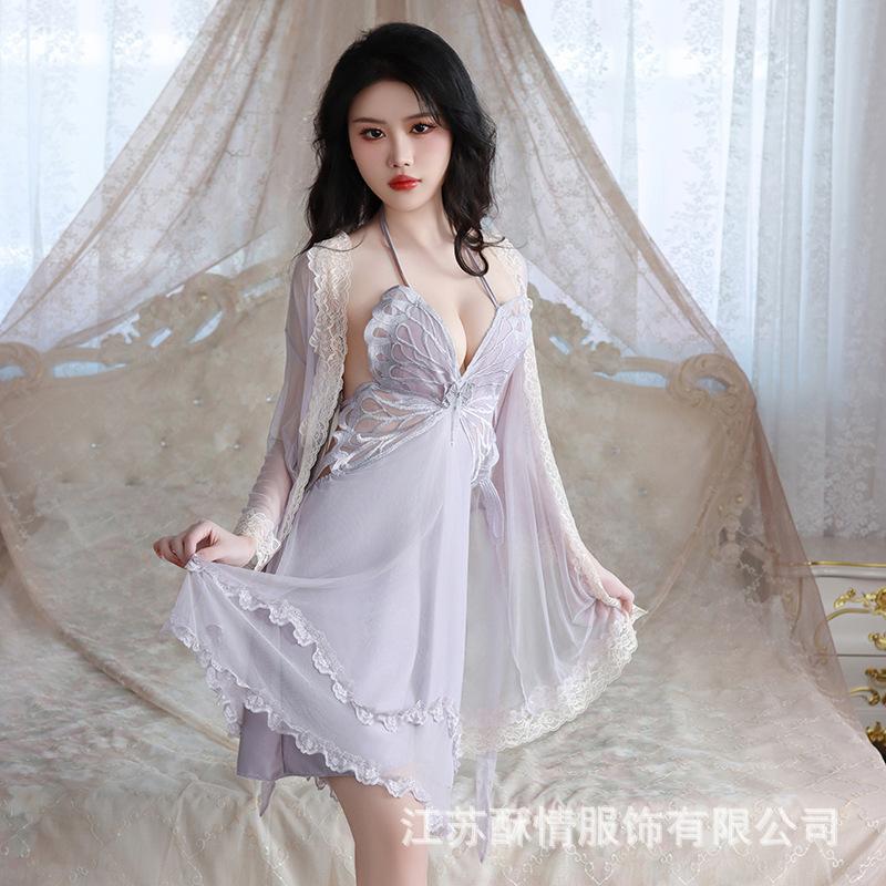 Sexy nightdress big butterfly neck suspender skirt mesh robe set women's pajamas Douyin popular home nightdress