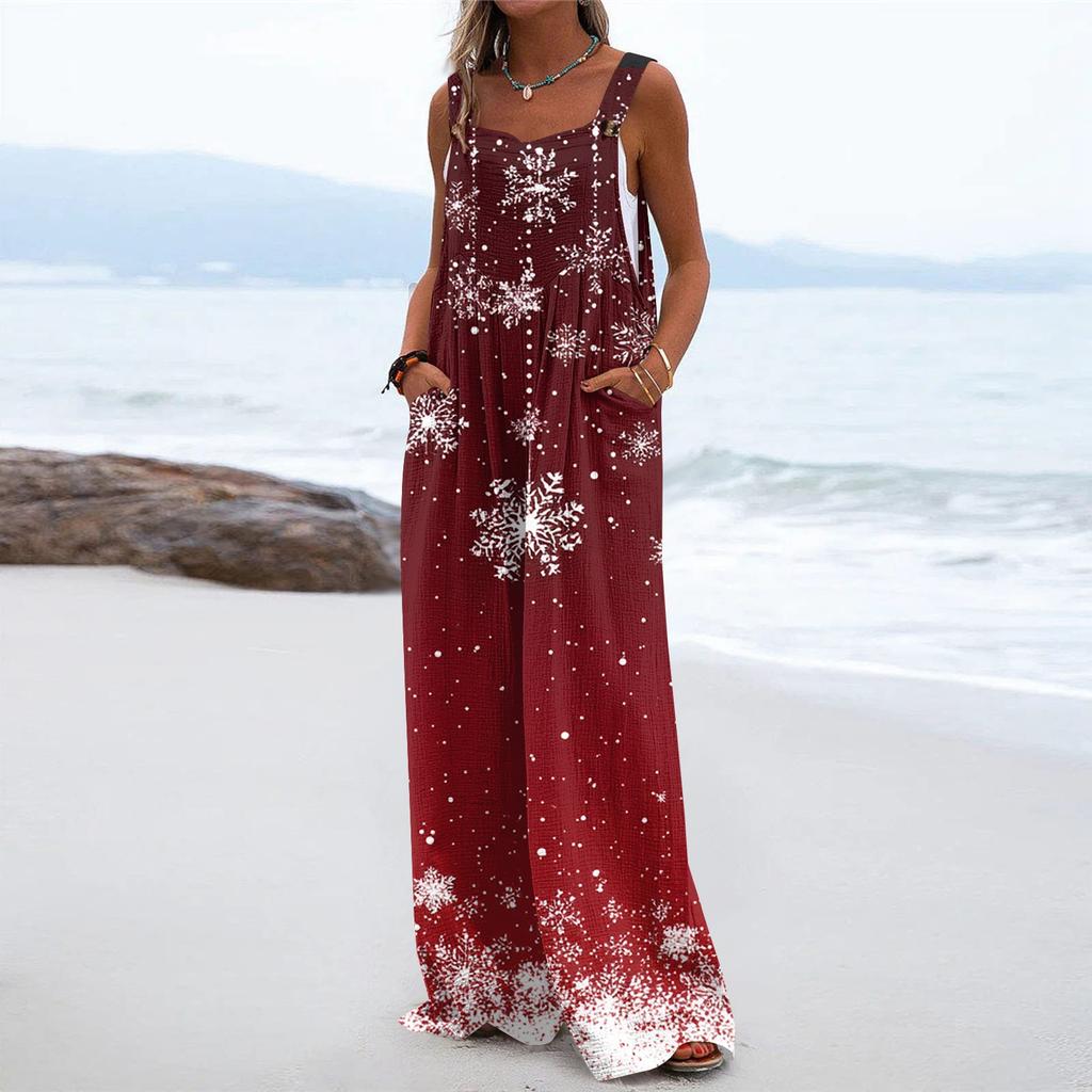 Women's Christmas Print Solid Wide Leg Strapless Tank Pocket Casual Onesie