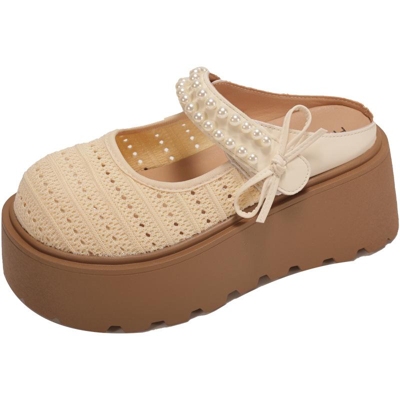 

Retro Pearl Mesh Ladies Thick Bottom Birkenstocks Slippers Summer French Retro Beach Soft Bottom Baotou Semi-cool Slippers 40