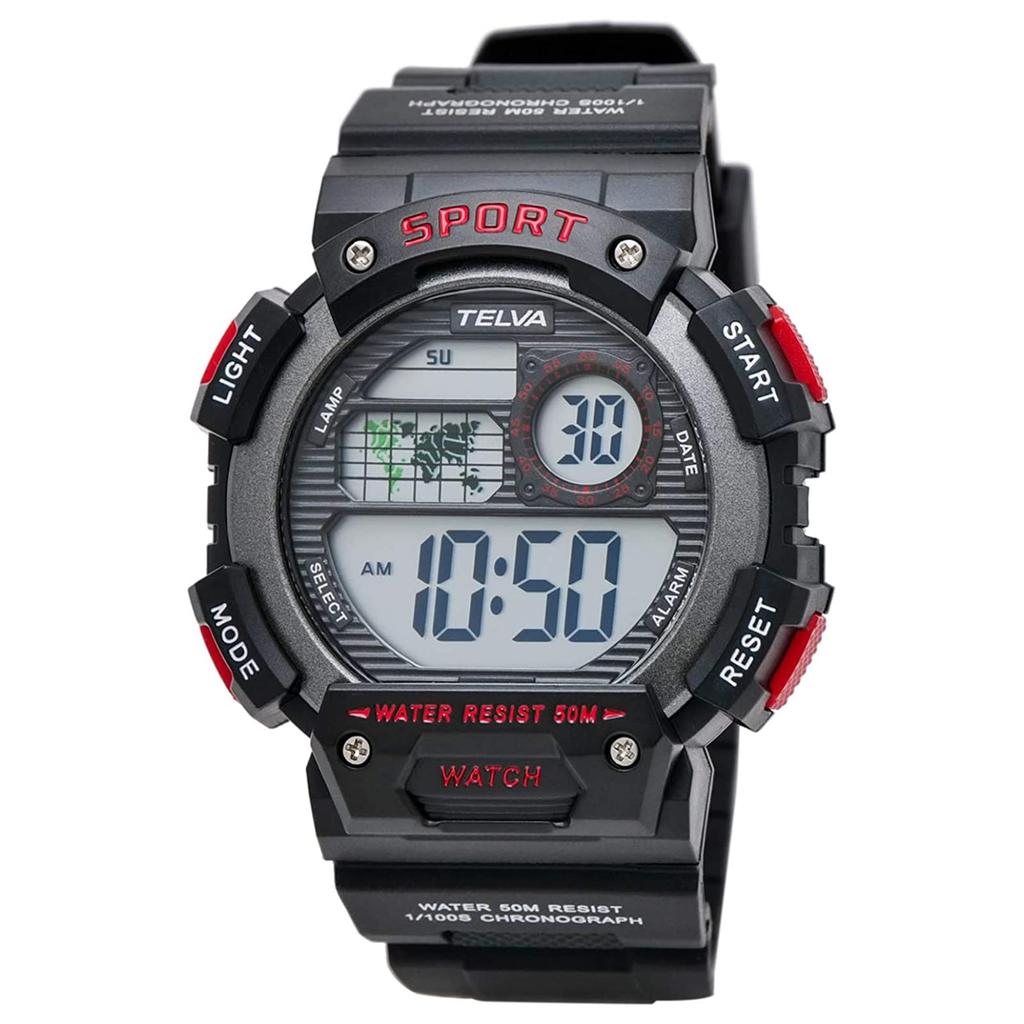 CREPHA Digital Watch TELVA Multifunctional Water Resistant Urethane Sports Watch (Klepha) (5 ATM) Stopwatch, Strap, Red, Men's TE-D282-RD