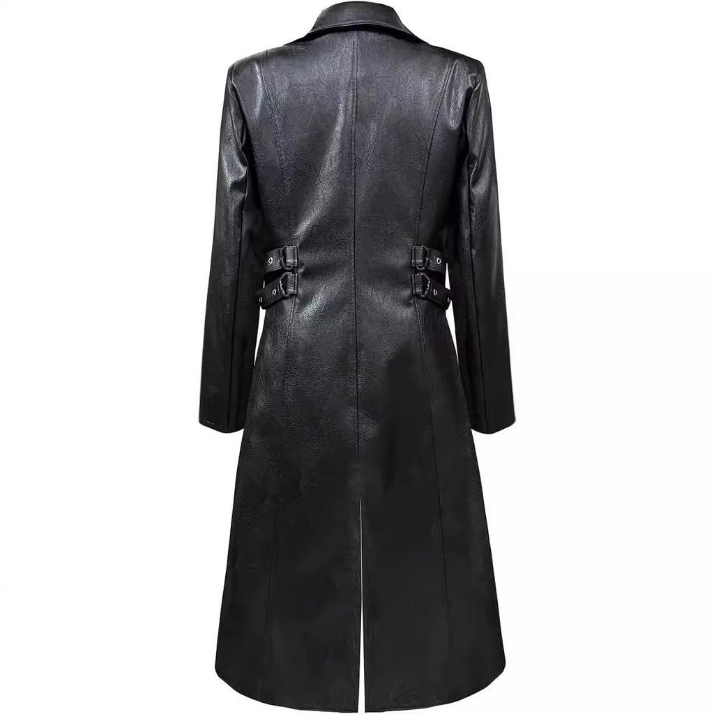 Explosive European and American medieval clothing medium and long PU leather trench coat steam punk goth leather coat men