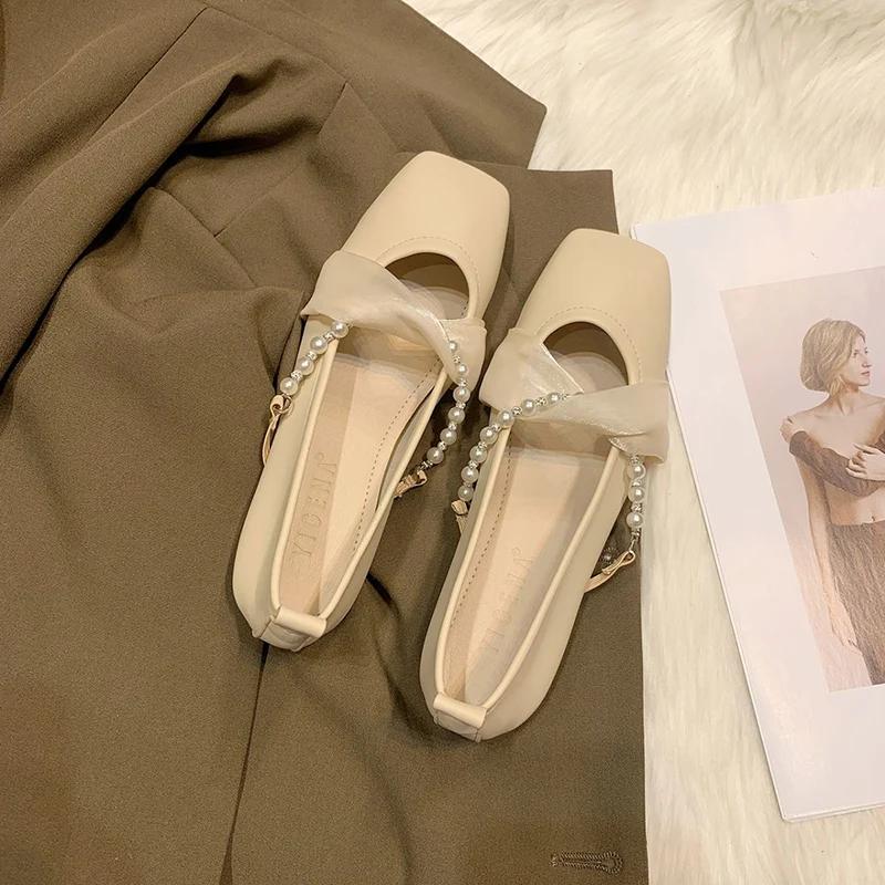 Fashion Early Spring Square Toe String Bead Plat for Woman Elegant Pu Leather Single Shoes Women Party Banquet Ballet Shoes Mujer