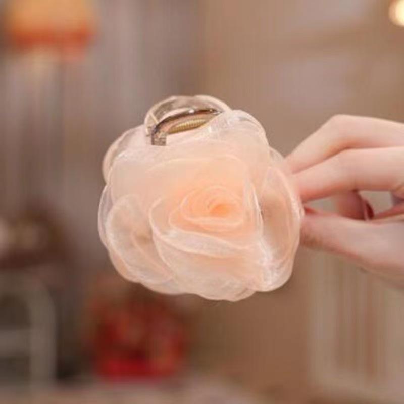 Elegant Fairy Gauze Rose Camellia Hair Claw for Women - Hair Clip Accessory for Ponytails and Bangs