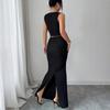 Women Solid Metal Hollow Textured Sleeveless Top Hip Wrap Long Skirt Two Piece Set