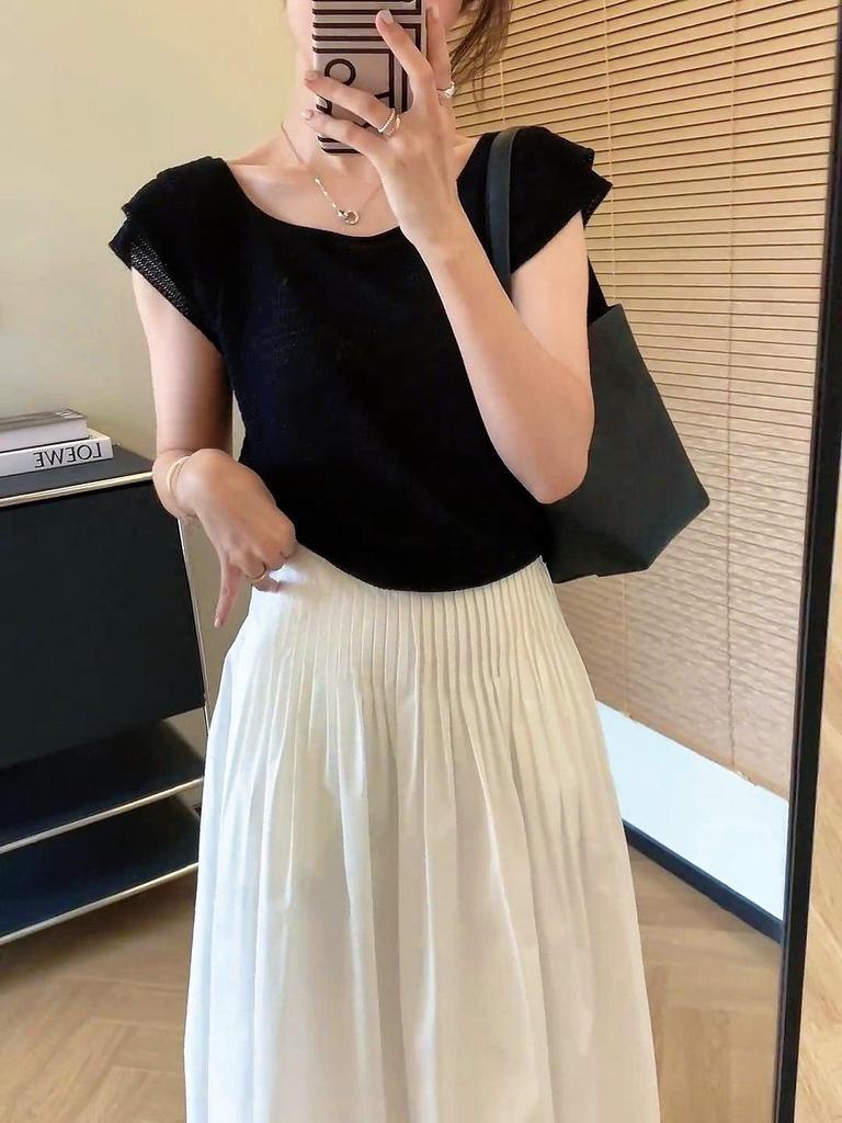 White A-line Pleated High-Waisted Umbrella Skirt - Women's 2025 Summer Mid-Length Flare Design