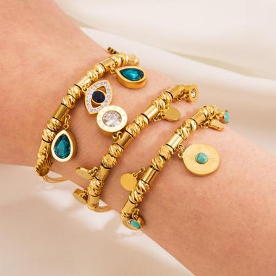 Fashion Stainless Steel Bracelet Women's Retro Light Luxury Devil's Eye Bracelet Turquoise Glass Diamond Titanium Steel Bracelet Jewelry