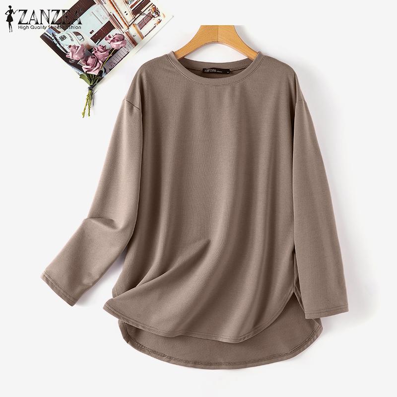 

ZANZEA Женская повседневная однотонная свободная блузка с длинным рукавом и круглым вырезом Топы