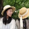 Versatile burr straw hat women's summer flat top travel sun hat small fresh bow sunshade beach hat