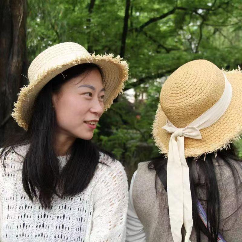 Versatile burr straw hat women's summer flat top travel sun hat small fresh bow sunshade beach hat
