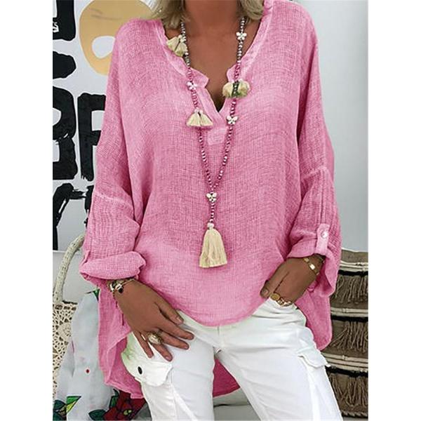 

Женская рубашка с V-образным вырезом, длинным рукавом, средней длины, повседневные топы, однотонная свободная футболка из хлопка и льна, повседневная одежда L красный