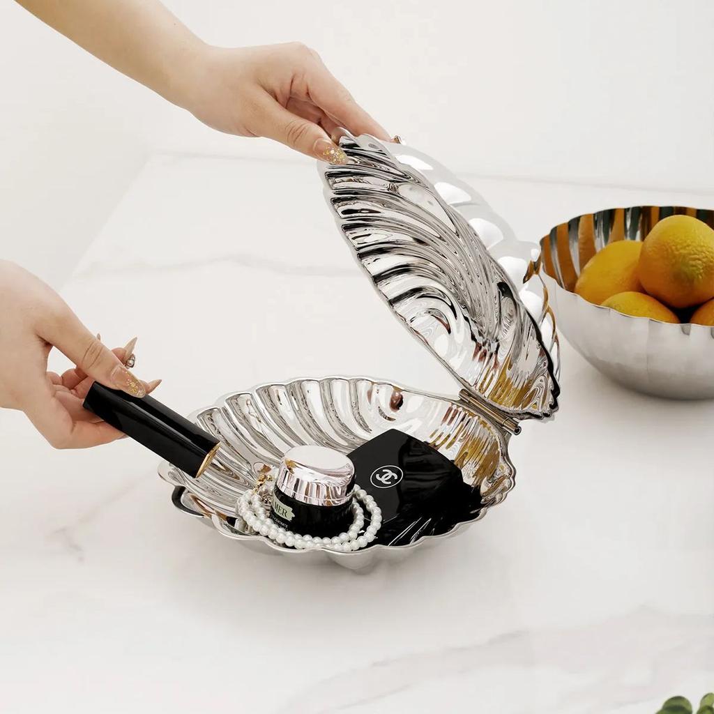 Large Size Stainless Steel Shell Plate with Cover Flip Metal Box Food Dish Fruits Snacks Dessert Box Jewelry Storage