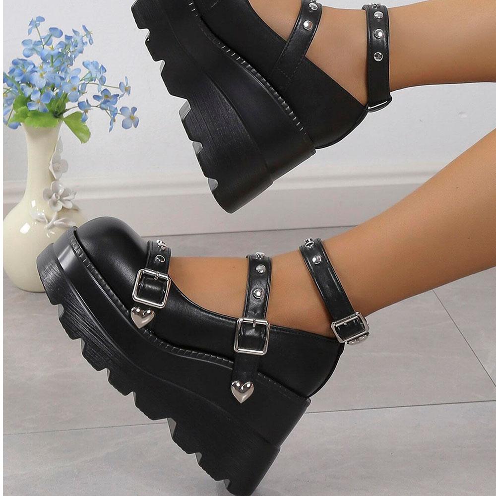 Doratasia Retro Ins Black Round Toe Heel Studded Punk Nightclub Ladies Mary Jane Y2 Lace Buckle Lolita Women'S Shoes