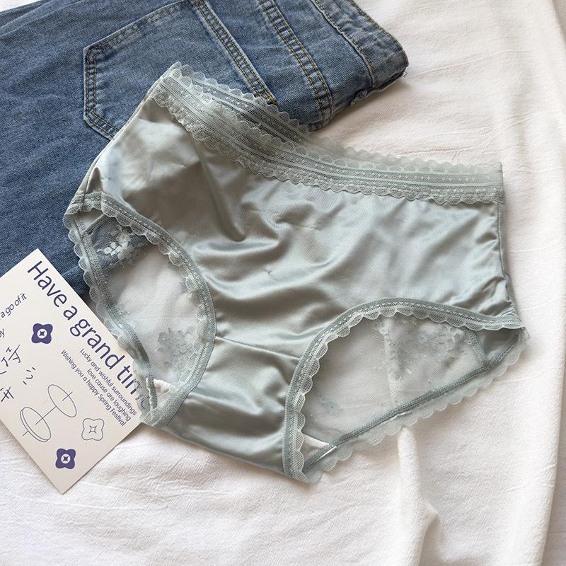 Lingerie Satin Lace Sexy Briefs Women's Underwear with Hip Wrapped Bow High-end Feeling Light Luxury Semi Transparent Triangle Panties