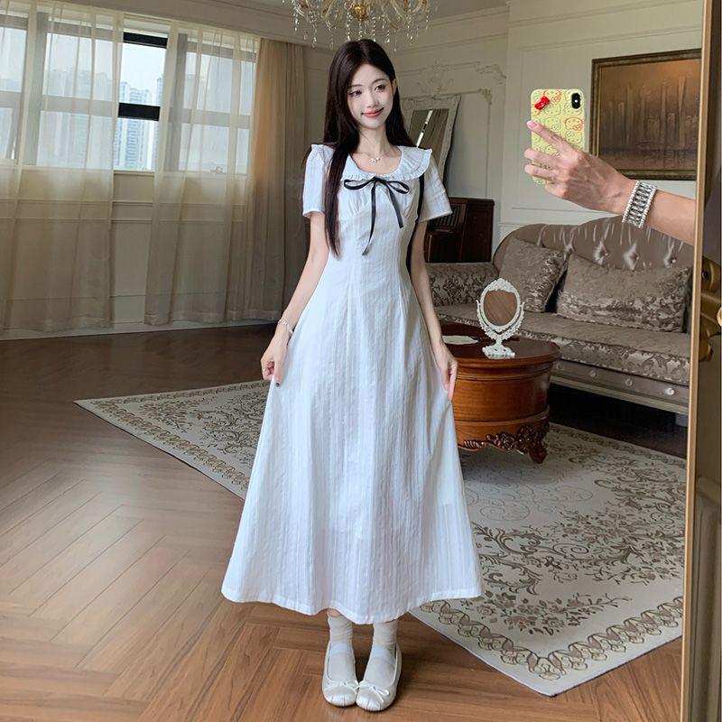 2026 Summer White Princess Dress: Doll Collar Bow Waist Slimming Long Skirt