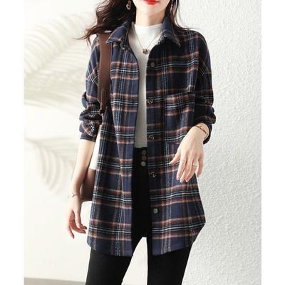 Spring Brushed Plaid Long Sleeved Korean Loose Retro Mid Length Shirt Women