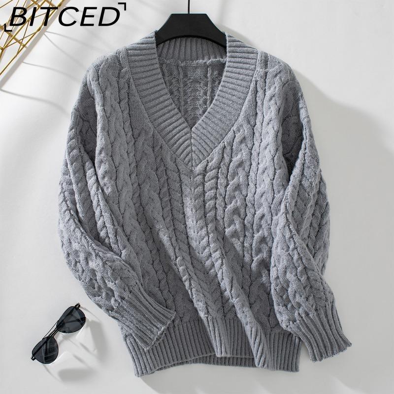 BITCED Autumn/Winter Women's Knitted Sweater Loose-fit Pullover Retro Cable-knit V-neck Long-sleeved Solid-colour Jumper
