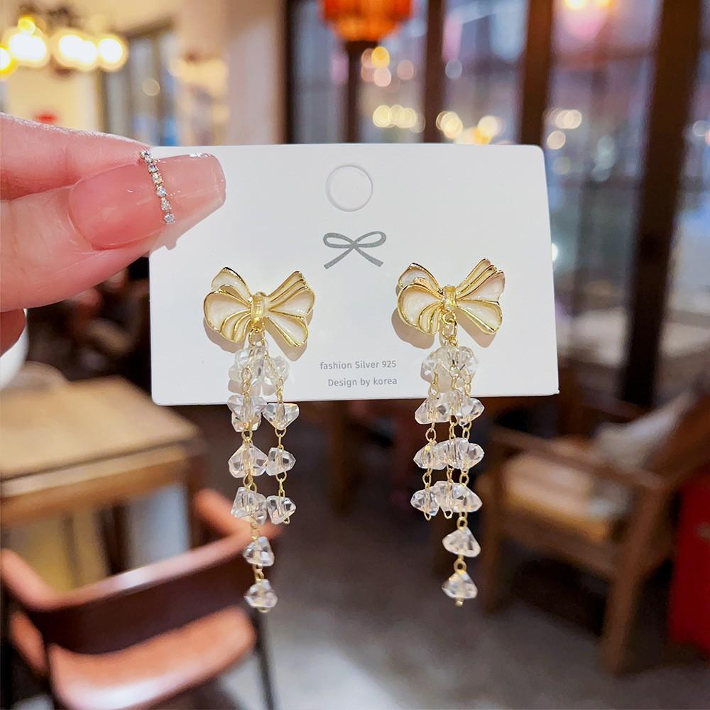 Emaille-Schleife, lange Quaste, Kristall-Anhänger, Ohrring für Frauen, süßes Geschenk, einfache Geometrie, Temperament, kreativer Schmuck, Accessoire