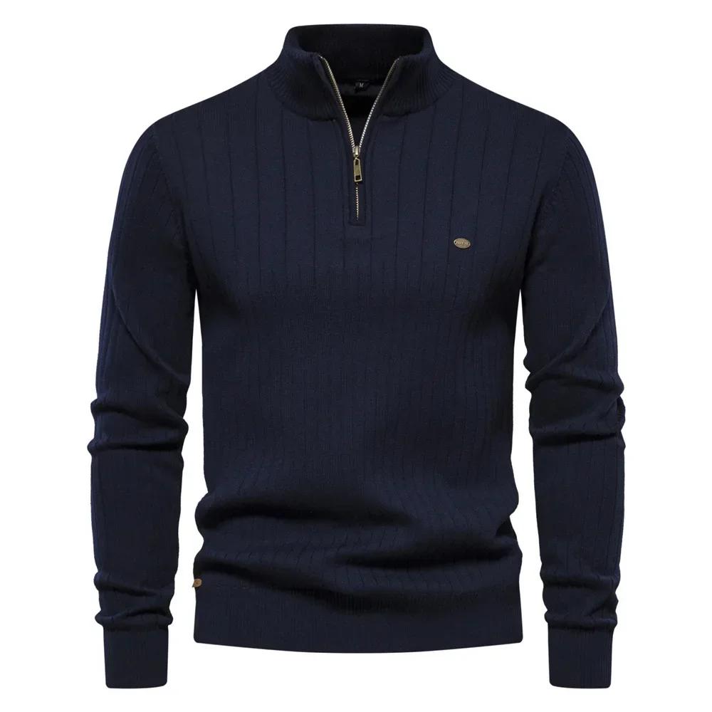 Pull pour homme col semi-montant zippé uni élastique coupe slim manches longues pull décontracté business homme pull tricoté