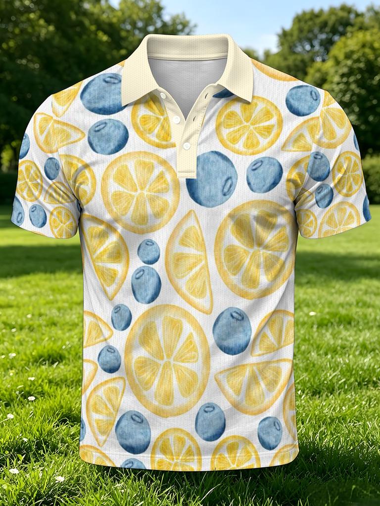 Men's Outdoor Polo Shirt, Available in Multiple Sizes, Featuring an All-over Lemon and Blueberry Fruit Print. Stylish, Casual, and Comfortable, This