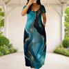 Women Plus Size Round Neck Short Sleeve Black Floral Tree Print Loose Long Dress With Side Pockets