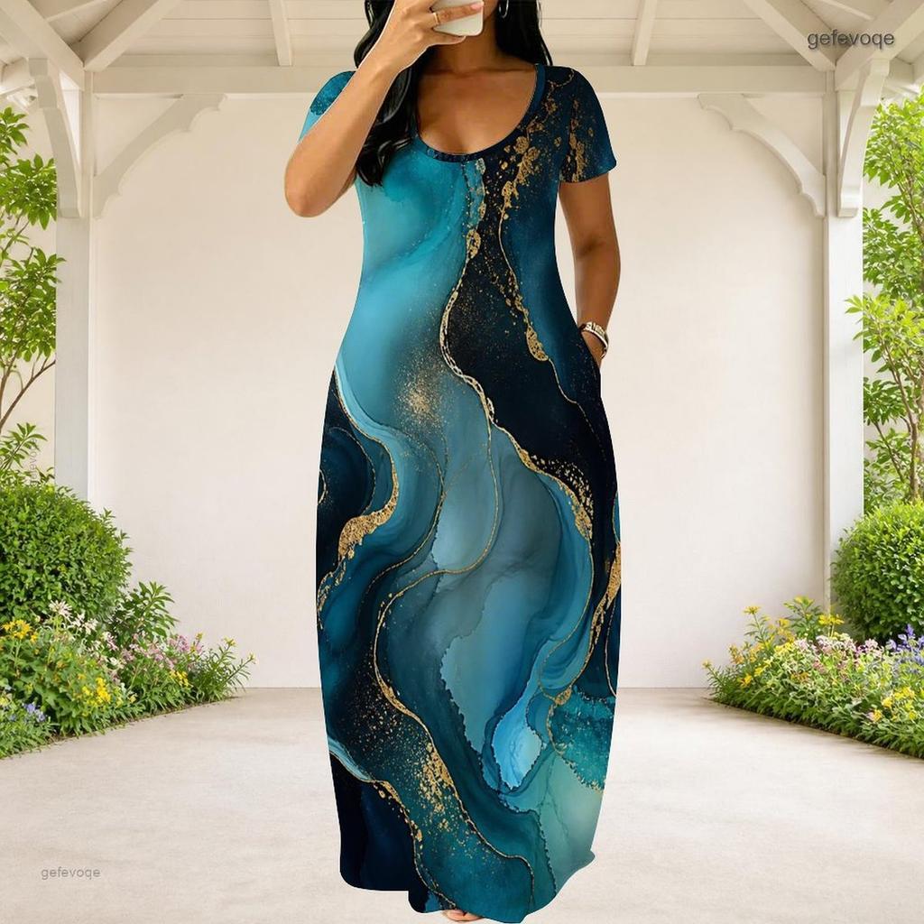 Women Plus Size Round Neck Short Sleeve Black Floral Tree Print Loose Long Dress With Side Pockets