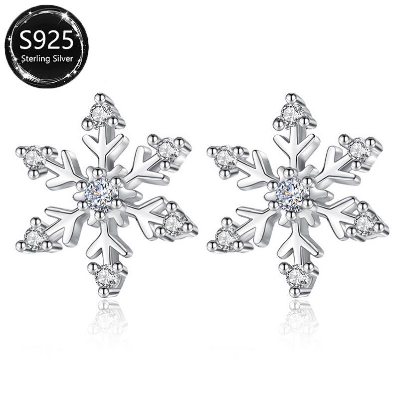 European & American S925 Silver Plated Snowflake Flower Stud Earrings for Women - Romantic & Sweet Christmas Fashion.