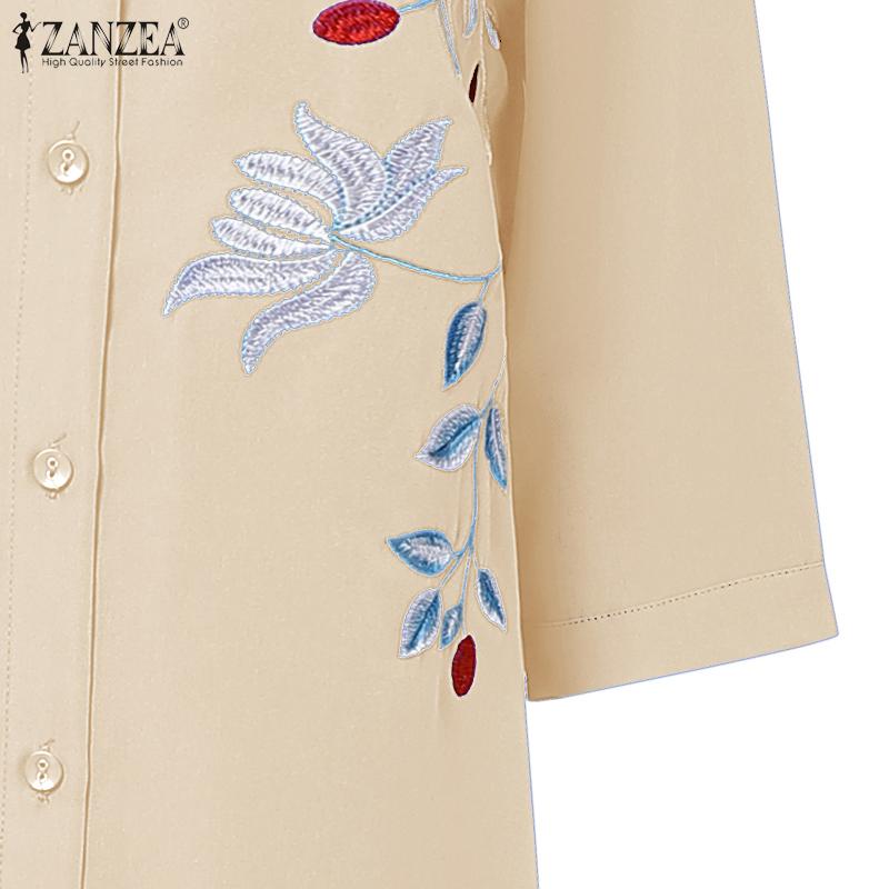 ZANZEA Women Casual Turn Down Collar 3/4 Sleeve Loose Embroidered Shirt Dress