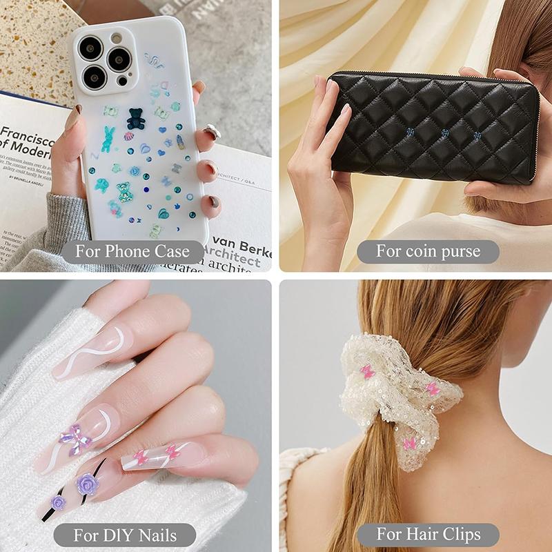 WTEMPO 200 Pieces 3D Mix Assorted Resin Nail Charms Hollow Pearl Heart Nail Art Charms Gems Gummy Bear Star Heart Flowers Acrylic Beads