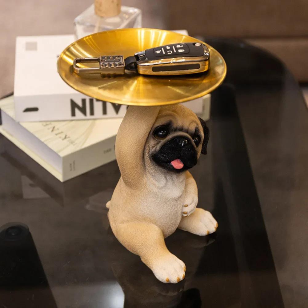 Adornos de Perro Pug Lindos Manualidades de Resina Estatua Decorativa de Perro Pug Widget Versátil de Perro Pug Plato Decoración para Sala de Estar Pasillo Hogar