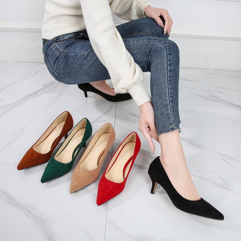 Mujer New Low Heel Pumps Lady Pointed Toe Kitten Heels Female Green Flock Plus Size 46 Red Shoes Women 5cm High Heels