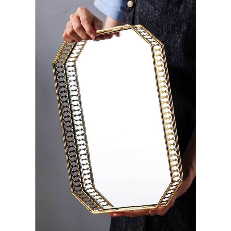 Gold Trimmed Glass Cosmetic Storage Tray Elegant Makeup Perfumes Organizer Metal Construction Display Plate