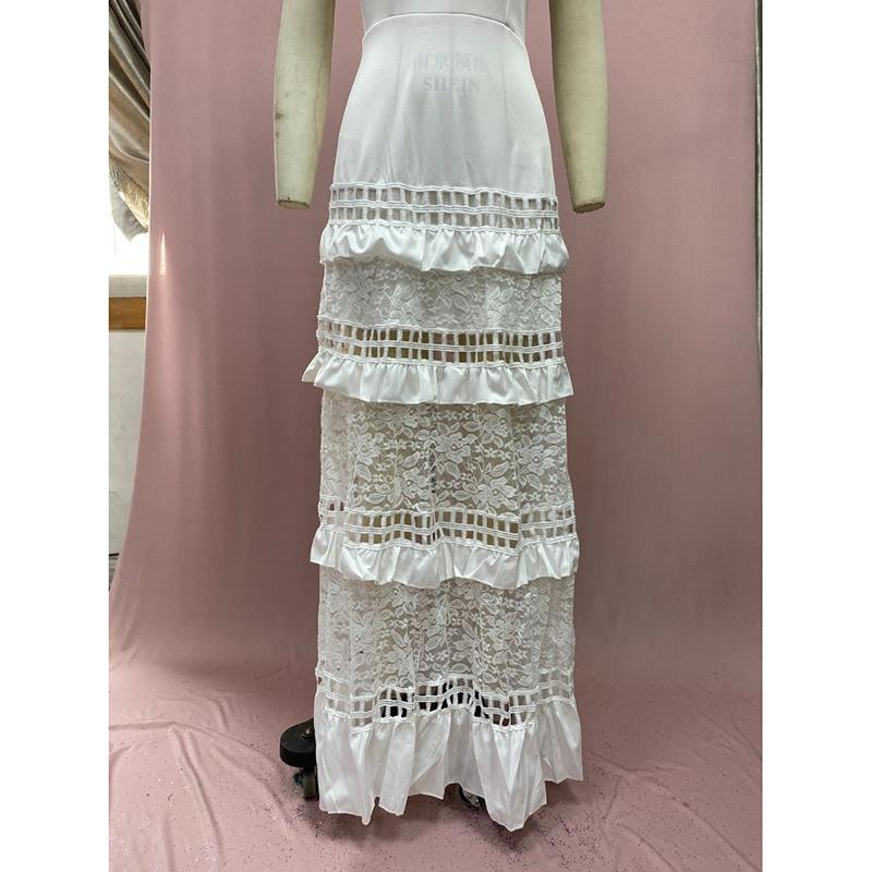 Summer New Vintage Off Shoulder Sexy Dress Women Ruffled Hollow Out Lace White Party Loose Dress Women Elegant High Waist A Line Casual Dresses 25088