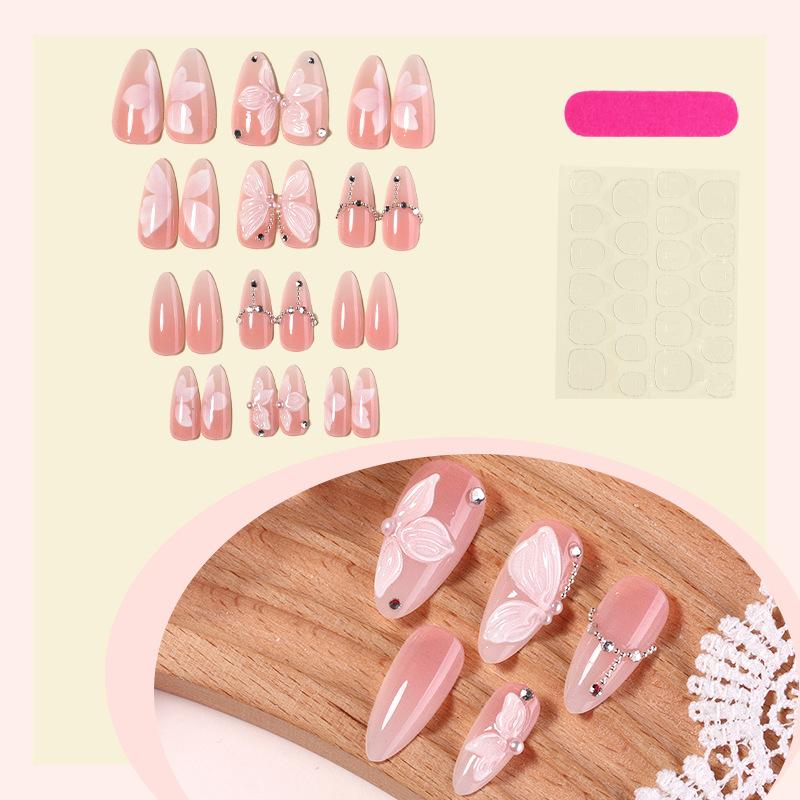 French almond nail fairy pink naked three-dimensional butterfly pointed wearing nail advanced sense pearl nail art finished nail piece