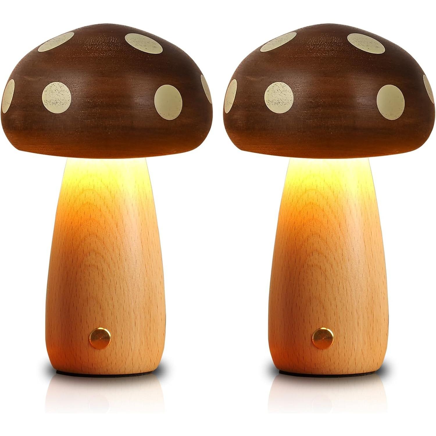 

2 Pack LED Wood Mushroom Table Lamp, Rechargeable Cordless Touch Bedside Small Lamps, Wireless Stepless Dimming Night Light, Portable Battery Lamp коричневий