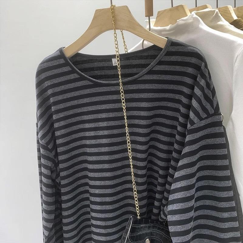 Casual Lazy Wind Medium and Long Striped Contrasting Color Round Neck Long-sleeved Shirt Women's Early Spring Simple Commuter Bottoming Shirt
