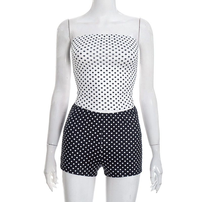 

D25St563 European and American Cross-Border Foreign Trade New Style Polka Dot Print Contrasting Color Sexy Tube Top and Shorts Two-Piece Set Black and White Contrast Color S