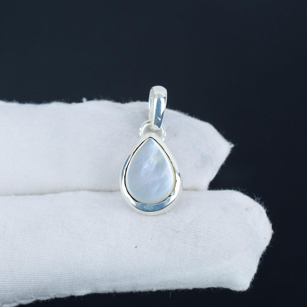 Natural Mother Of Pearl Gemstone Silver Pendant In 925 Sterling Silver - Handmade Pear Design, Everyday Wear Minimalist Jewelry Gift For Wife