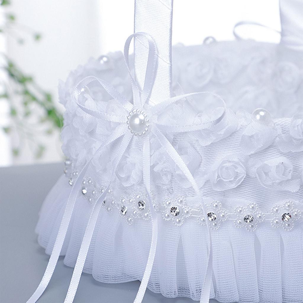 Flower Girl Basket White Small Satin Cloth Baskets with Lace and Multi Cute Faux Flowers Decor for Wedding Ceremony