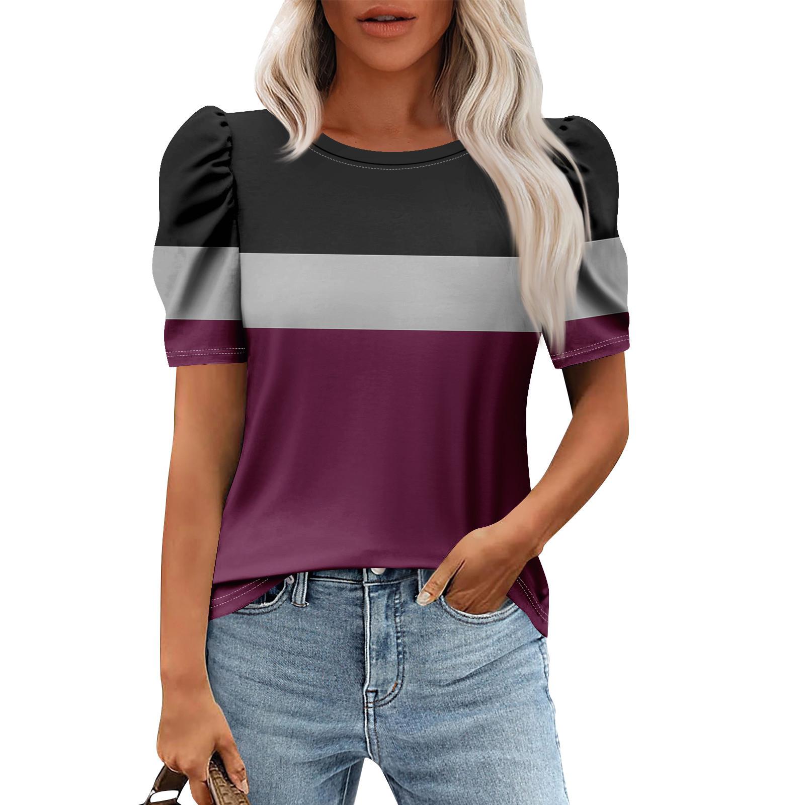 

Женские повседневные топы с коротким рукавом и круглым вырезом с принтом, туники, рубашки, летняя одежда L темно-фиолетового