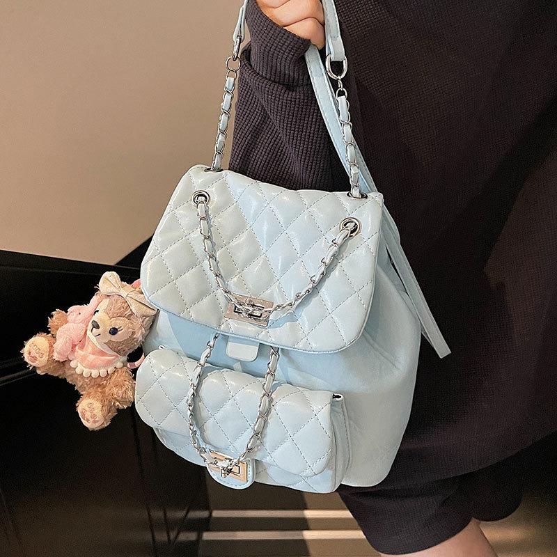 Sweet rhombus chain double shoulder small backpack gentle feeling fashion leisure commuter shoulder bag