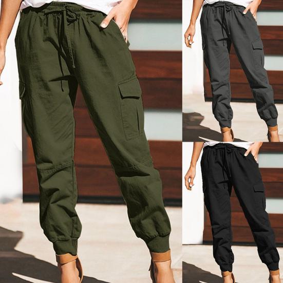 Elastický pas Stahovací šňůrka Rovné Cargo Kalhoty Vysoký pas Více kapes Dámské Kalhoty Streetwear