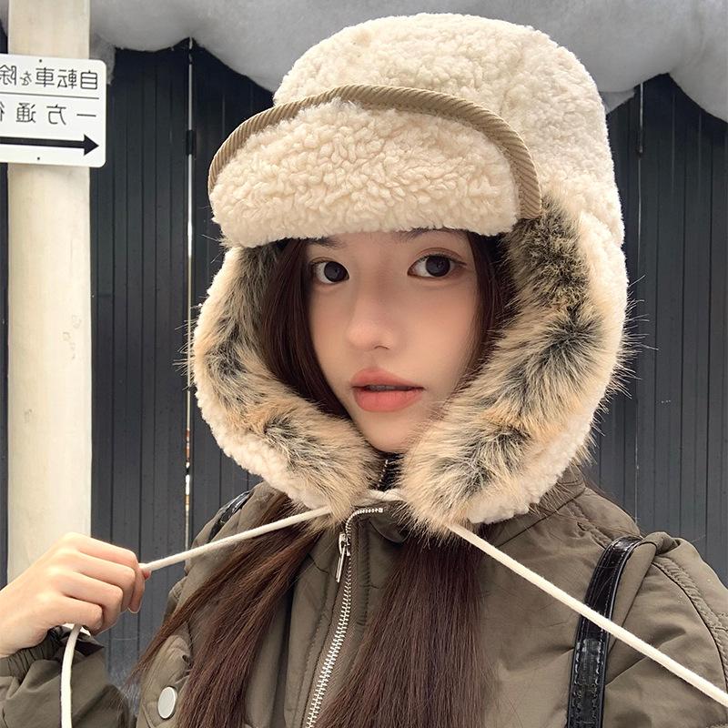 Thickened lamb wool ear protection Lei Feng hat children's winter big head circumference outdoor cold and warm plush ear protection hat