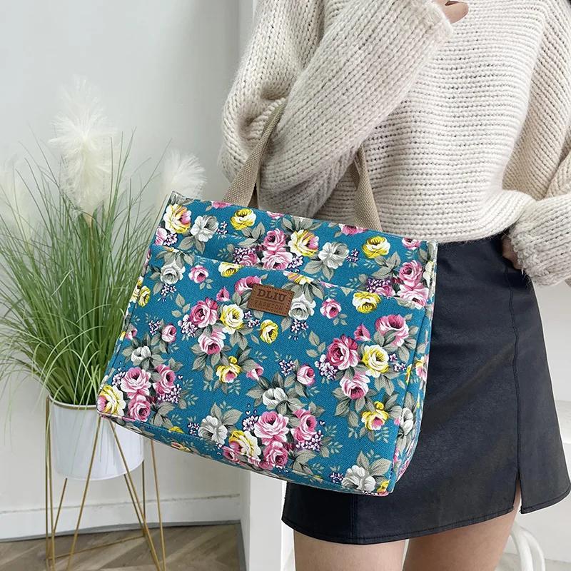 Bolso de mano con estampado Floral para mujer, bolsa de almuerzo de lona portátil, bolso informal, bolso de hombro para mamá Bento para viaje de Picnic