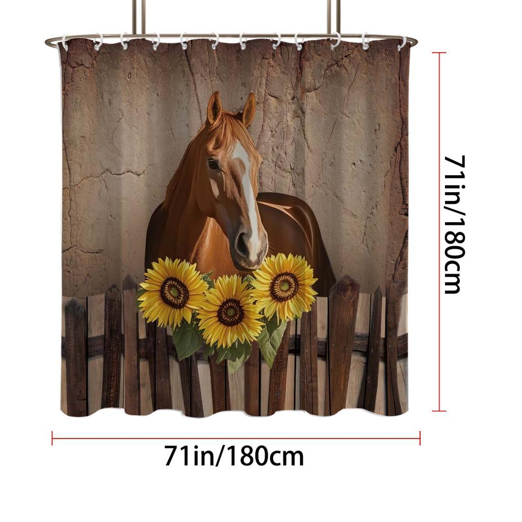 1PC Farm Horse Pattern Printed Shower Curtain, Rural Life Style, Waterproof, with 12 Hooks, Bathroom Showers, Bathtub, Home Use