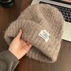 Winter Warm Wool Knitting Cap for Women Solid Color Elastic Ear Protection Fashion Label Beanies Korean Girl Simple Pullover Hat