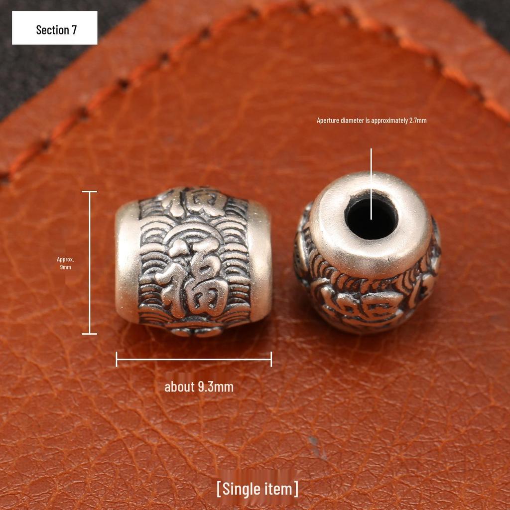 Ethnic-Style Sterling Silver S999 Fu Character Spacer Beads: Retro Barrel Ruyi Beads for DIY Lucky Silver Jewelry