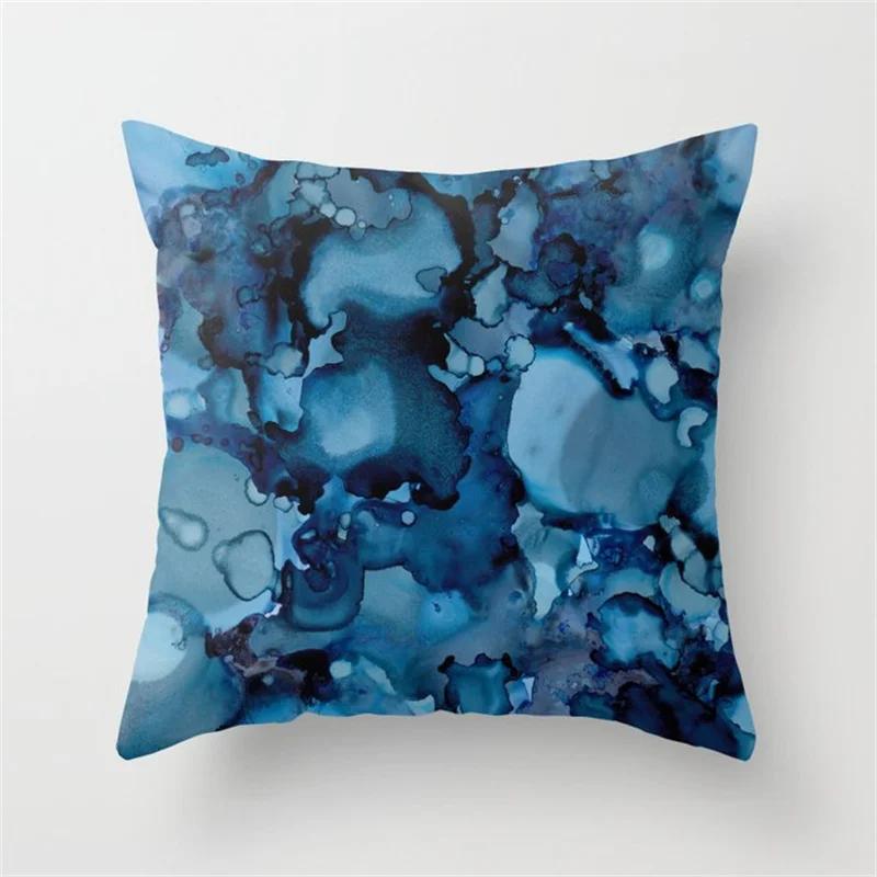 45x45cm Ins Blue Flower Marble Polyester Pillowcase Leaves Geometric Patchwork Cushion Cover Chair Living Room Home Decoration