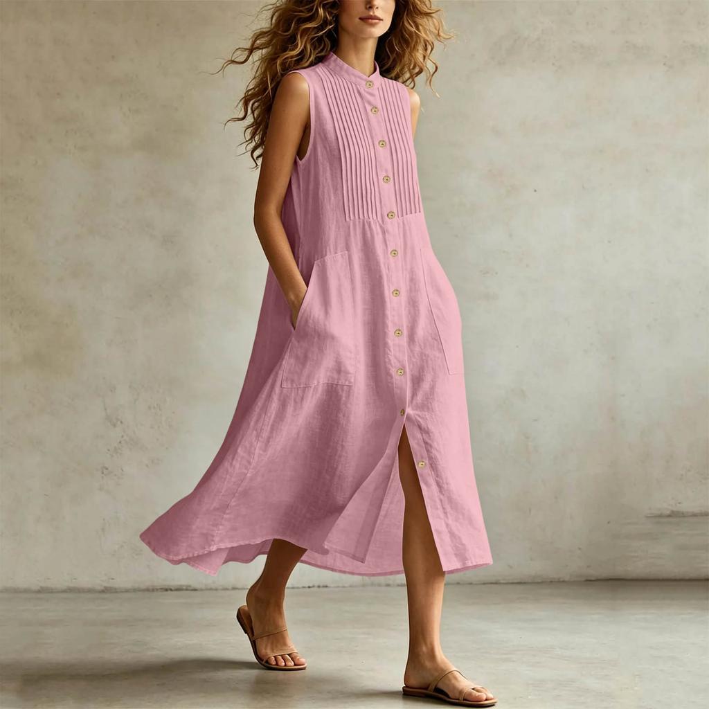 Women's Casual Sleeveless Button Front Color Neck Pocket Dress